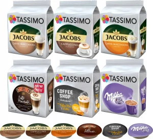 Kapsu?ki Tassimo Jacobs kawy mleczne, Latte, Cappucino, 5+1 GRATIS.